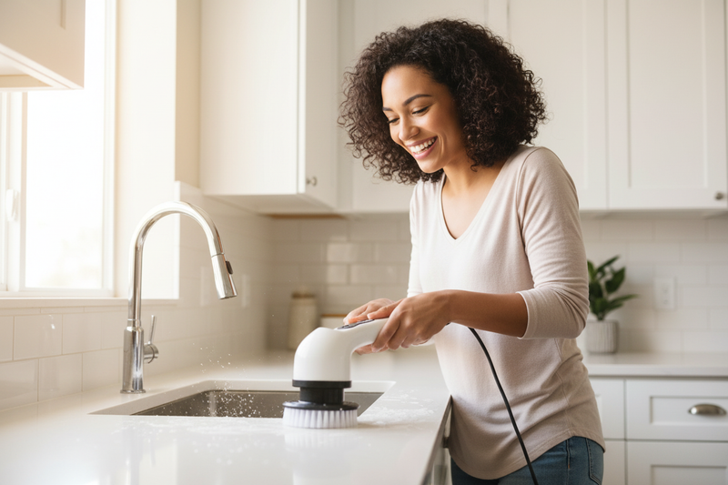 Model cleaning kitchen counter with white brush