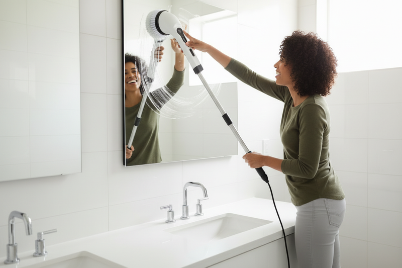 Woman in bathroom cleaning mirror with electric scrubber